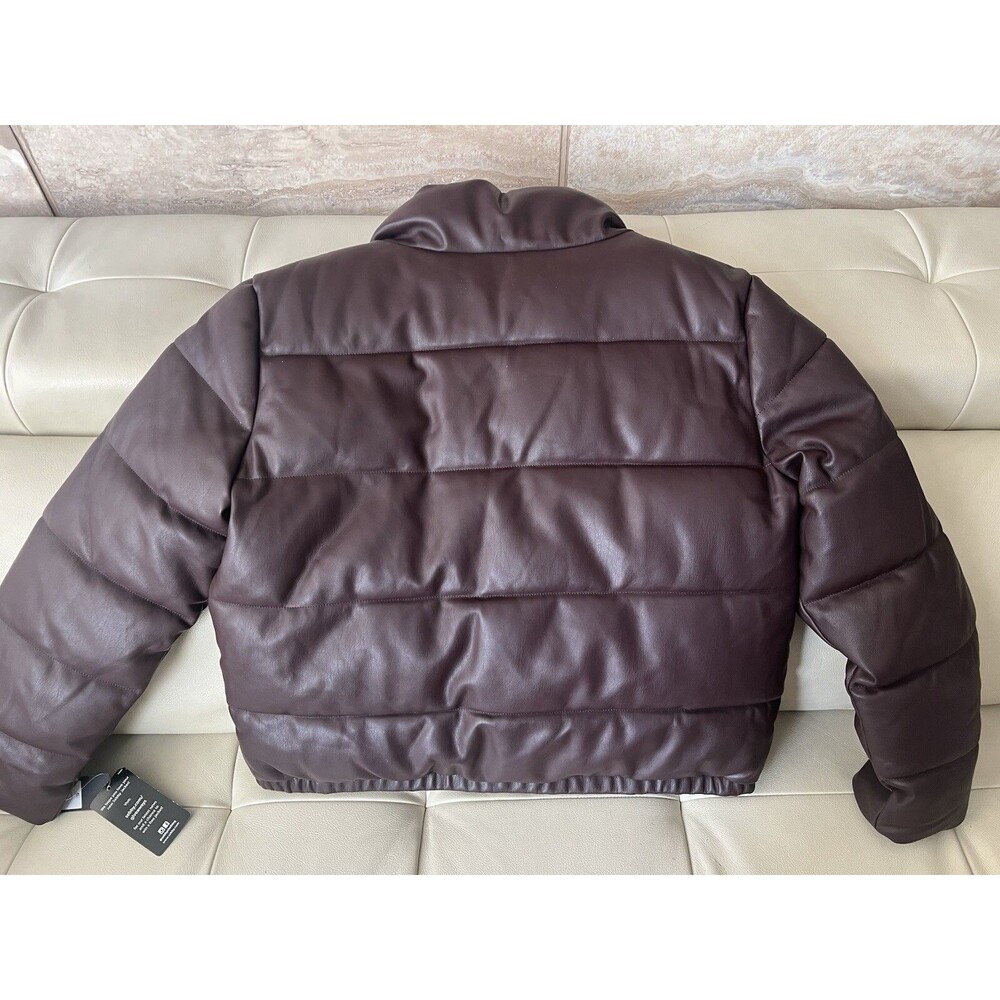 Sebby Collection Brown Zip Up Faux Leather Puffer Winter Jacket Sz L NWT - Picture 2 of 6